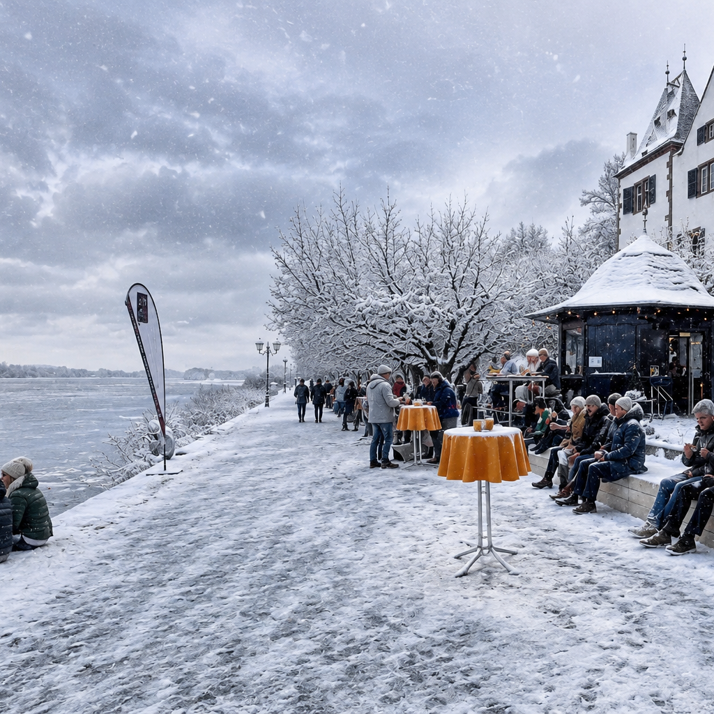 Schneebedeckte Uferpromenade mit Menschen