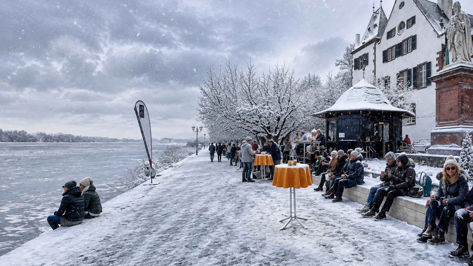 Schneebedeckte Uferpromenade mit Menschen