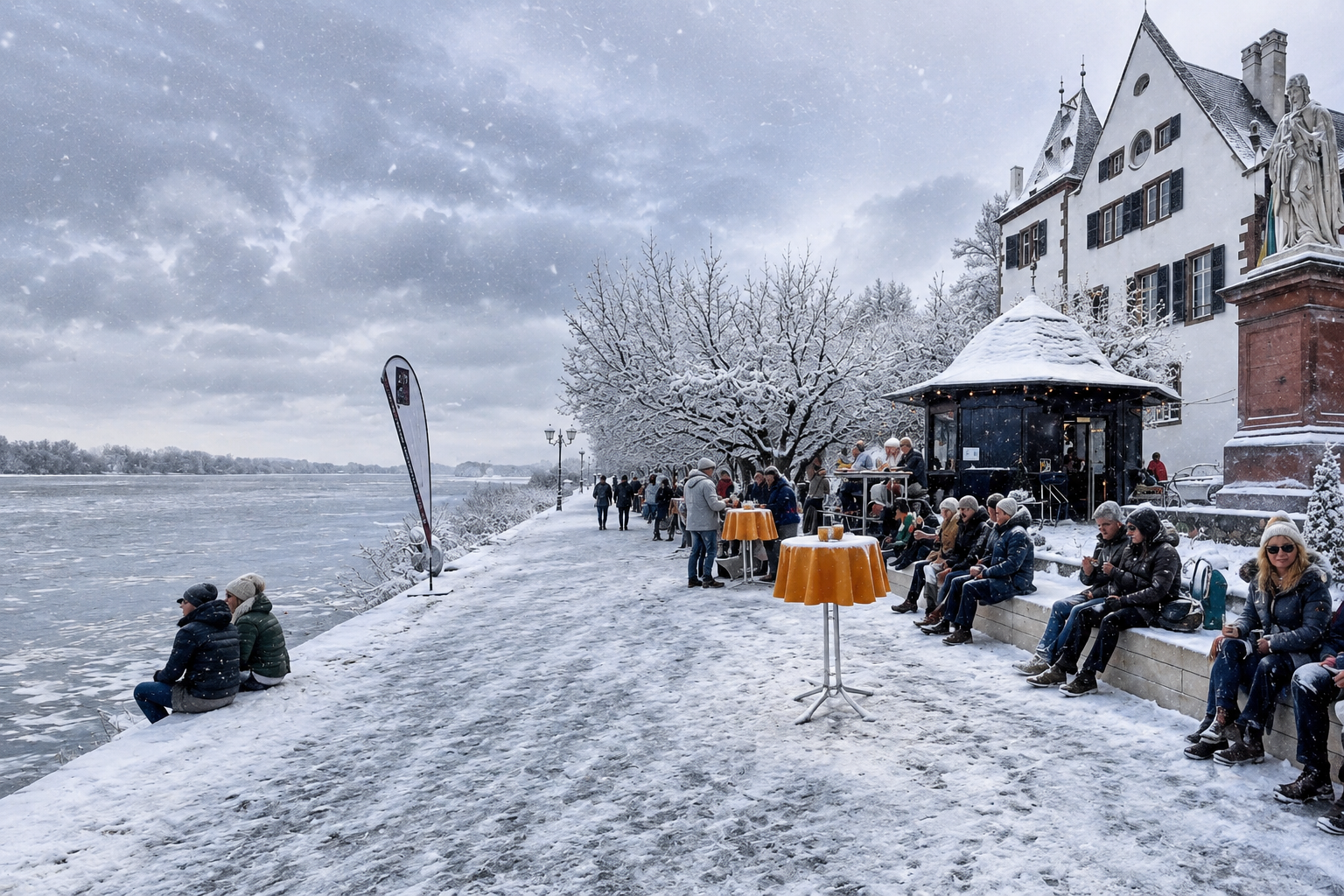 Schneebedeckte Uferpromenade mit Menschen
